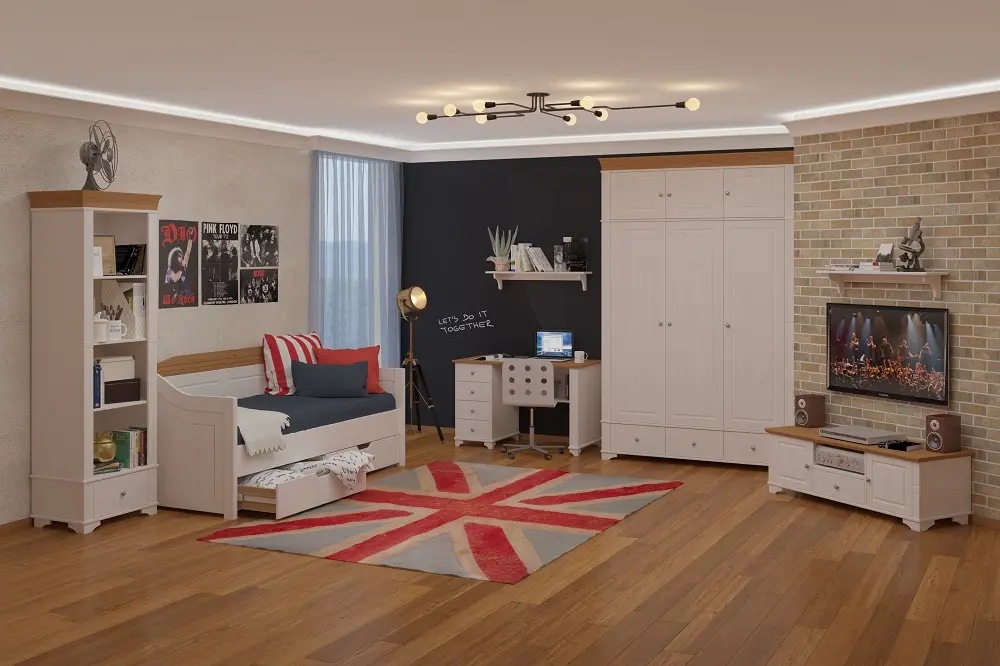 Стол массив сосны Бейли письменный с 4-я ящиками белый воск