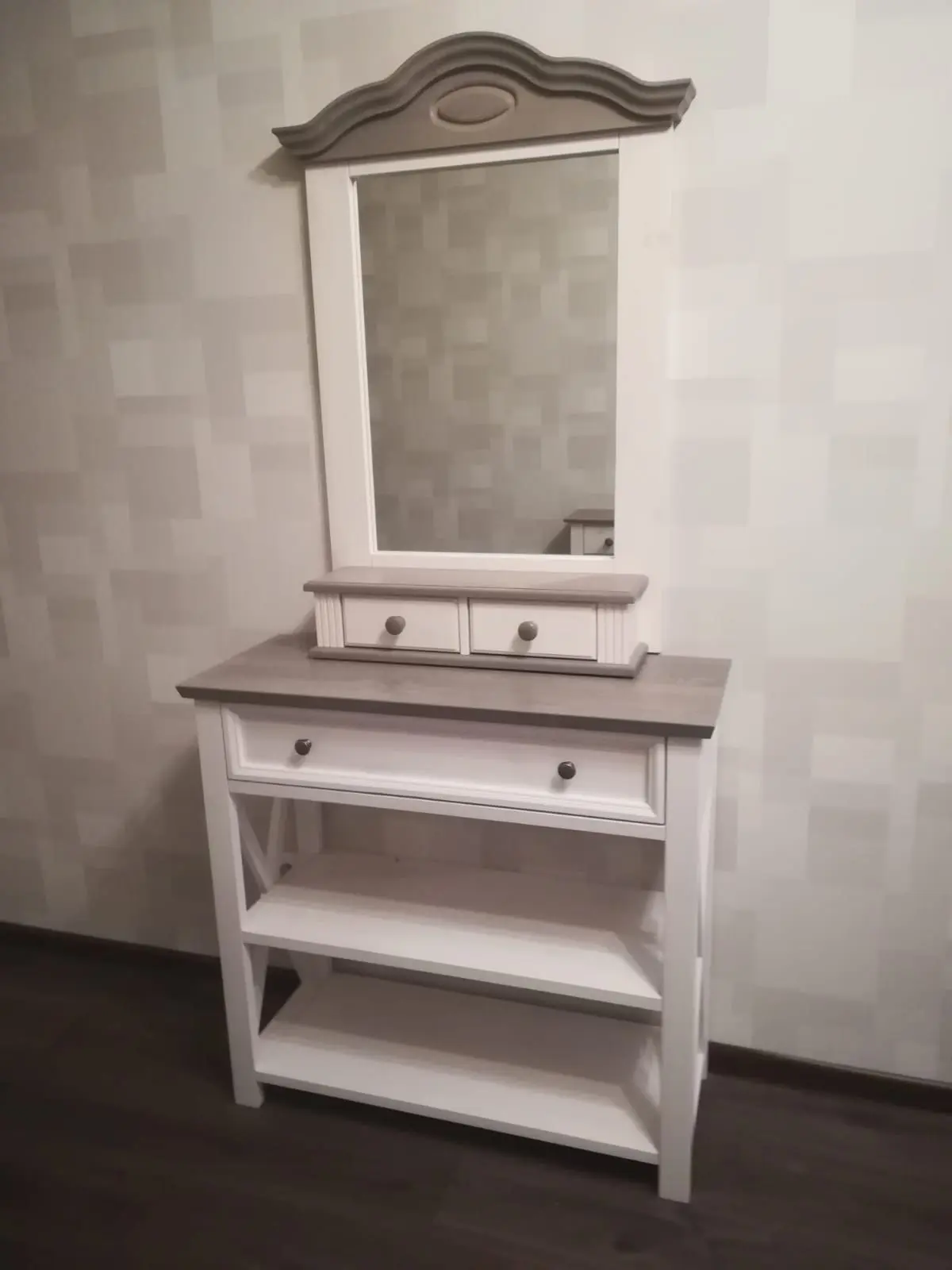 Консоль массив сосны с ящиком белая Форест белый воск/серый