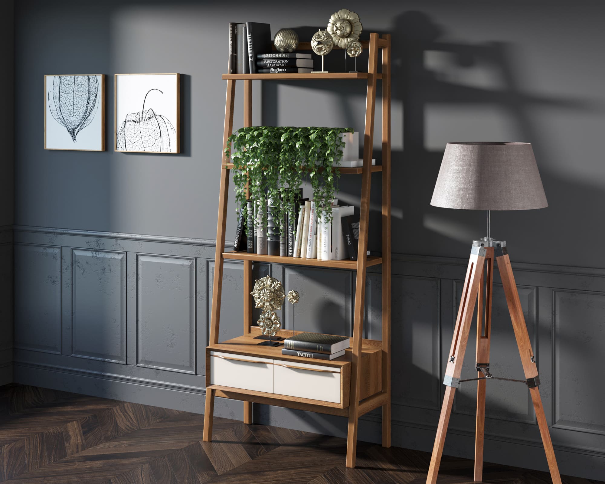   Узкий стеллаж из дерева «Bruni white" с двумя ящиками  