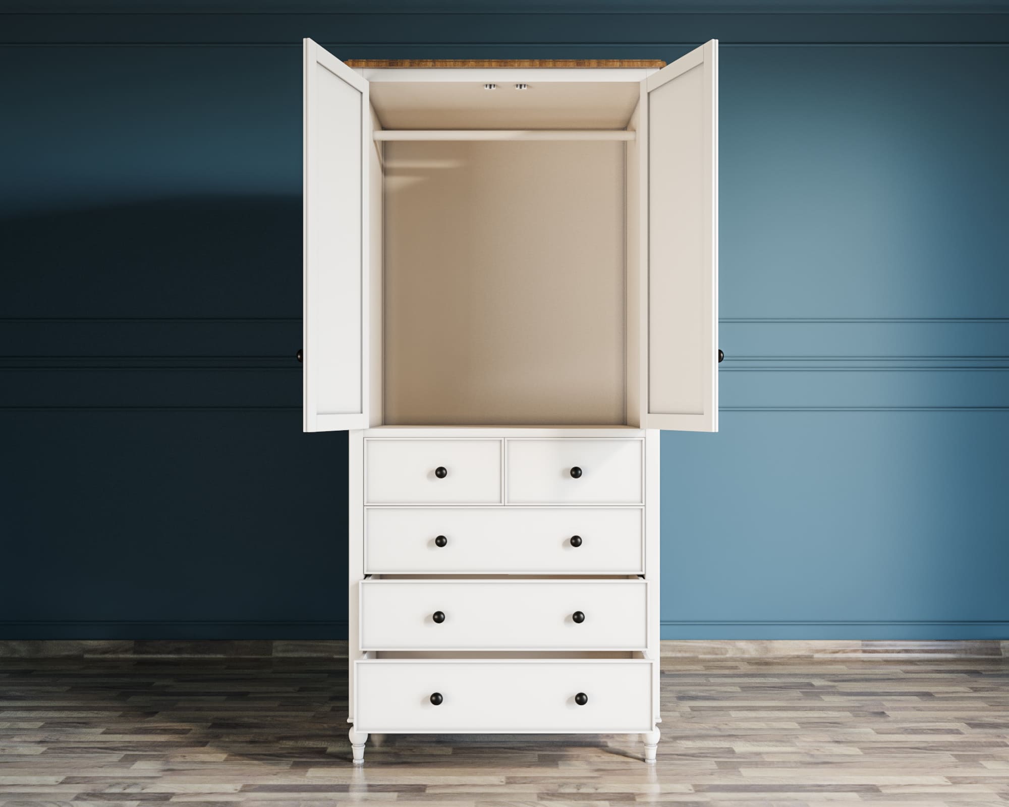 Шкаф с 5 ящиками белый на ножках двухстворчатый «Odri"